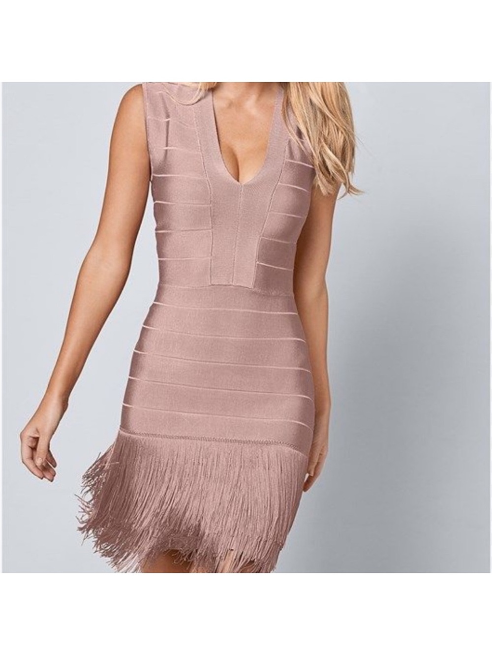 VENUS Rose Taupe Fringe V-Neck Bodycon Mini Dress